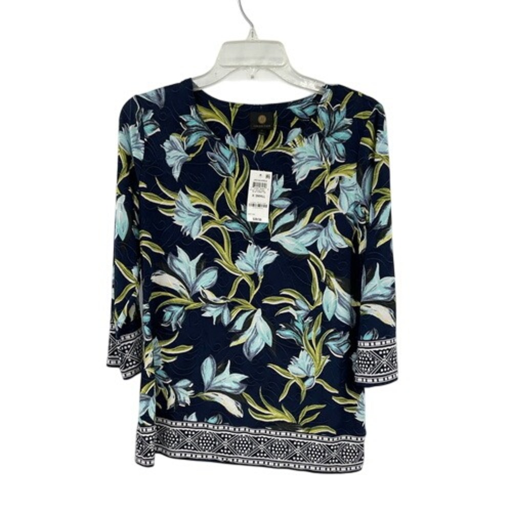 JM Collection Floral Jacquard‎ 3/4 Sleeve Top Blue Combo XS  NWT